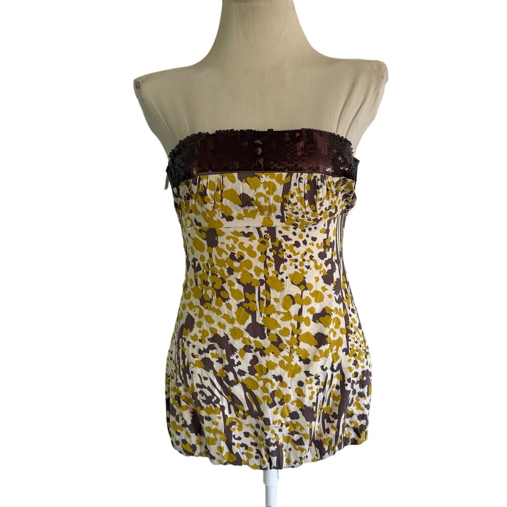 VTG Y2K 2000s Strapless 100% Silk Yellow Brown Sequin Balloon Hem Blouse M